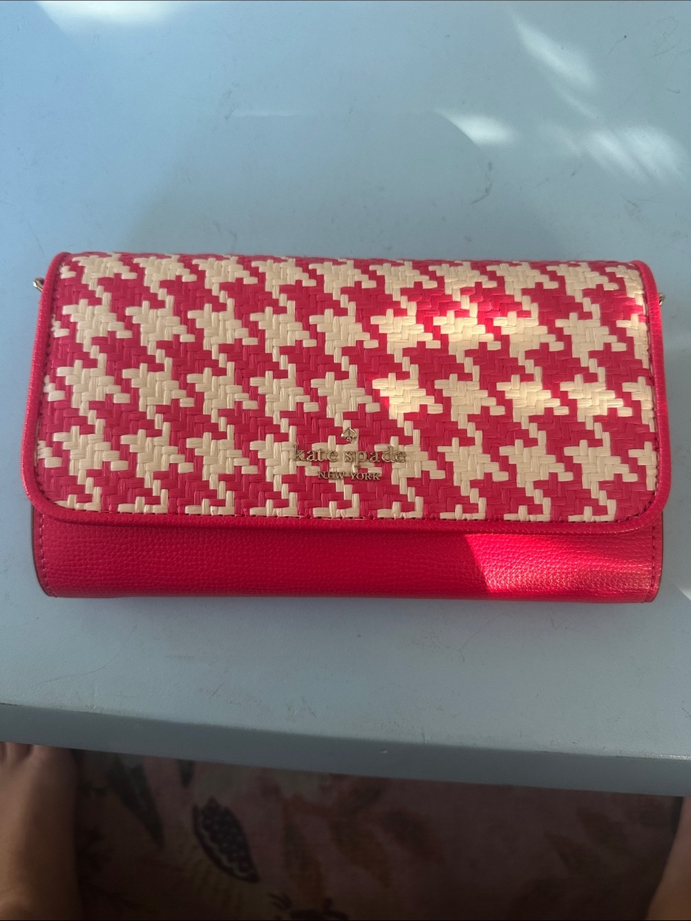 kate spade woven pink and cream flap clutch
